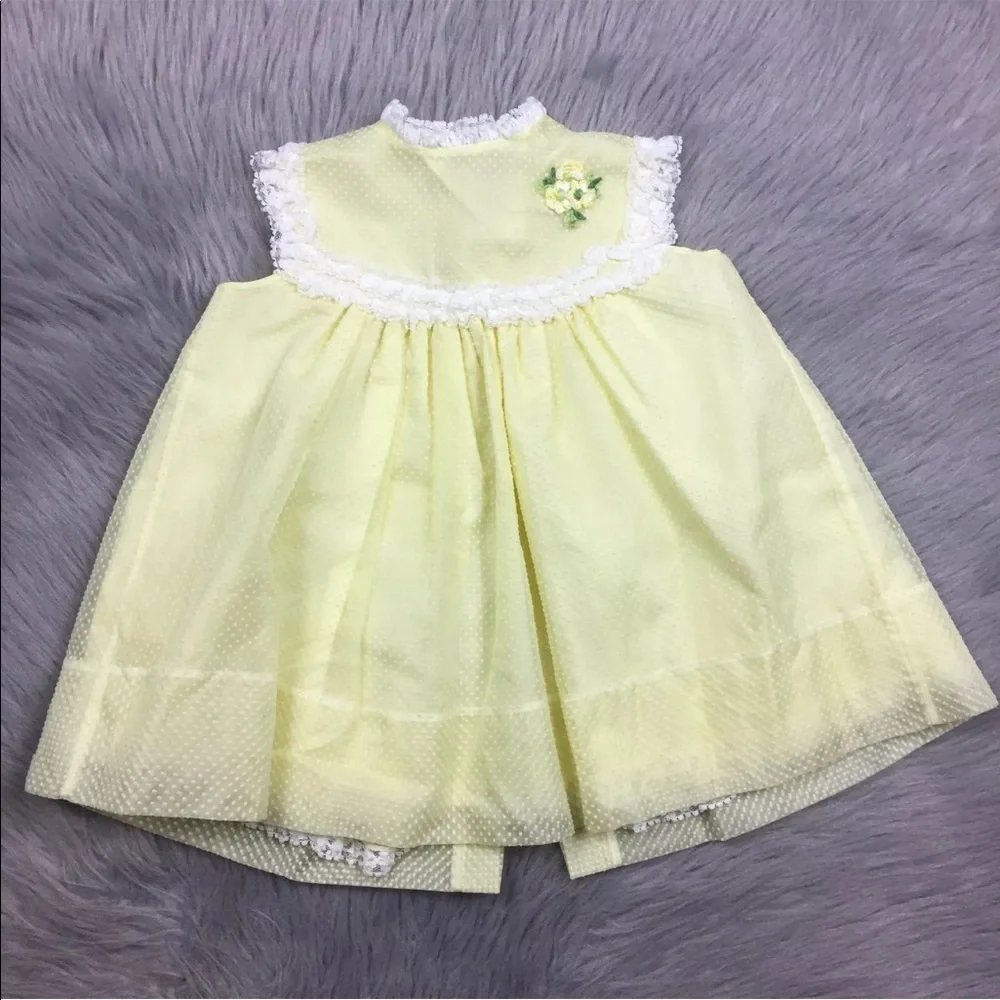 Vintage Toddler Girls Bryan Yellow Sheer Swiss Dot Lace Floral Ruffle Dress